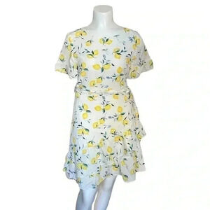Banana Republic Frill  Fit-and-Flare white lemon print dress sz 2 P